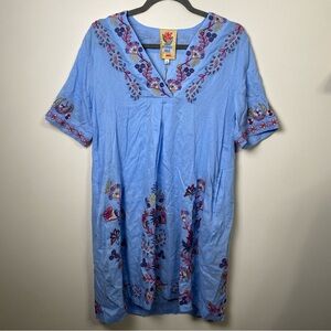 NWT Johnny Was Blue Embroidered Wide Placket Linen Dress S